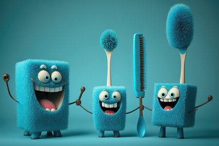 family of laughing toilet brushes, waving their bristles in a joyful and surprising moment, created with generative aiの素材