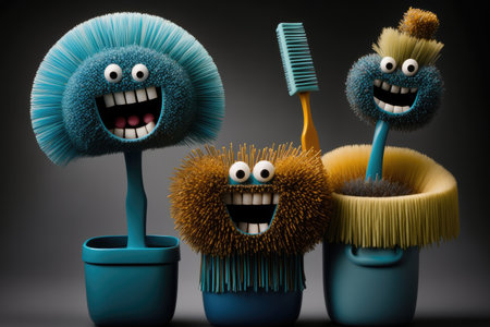family of laughing toilet brushes, waving their bristles in a joyful and surprising moment, created with generative aiの素材