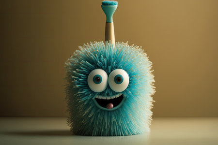 close-up of funny character toilet brush, with bristles in full view, created with generative aiの素材