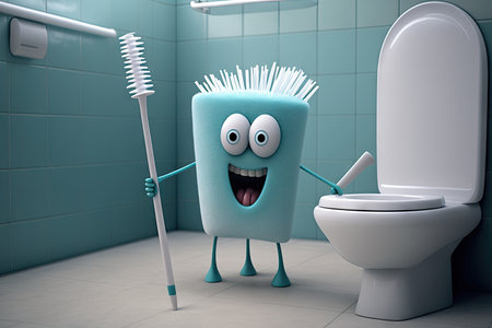funny character toilet brush, with toothbrush and toothpaste, in clean bathroom, created with generative aiの素材