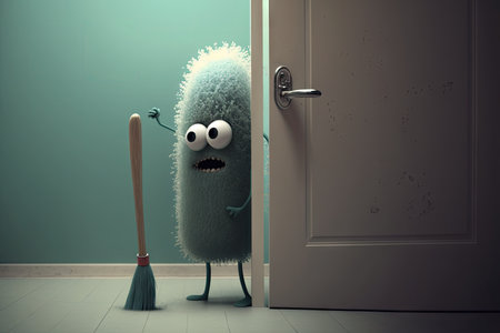 person, trying to get a good look at funny character toilet brush on the other side of the door, created with generative aiの素材