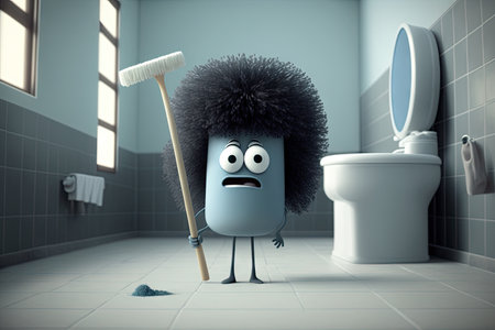 portrait of funny character holding toilet brush, with bathroom in the background, created with generative aiの素材