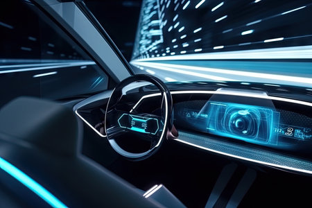 futuristic car, with sleek dashboard and advanced technology, drives on futuristic roadway, created with generative aiの素材
