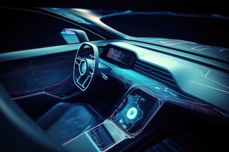 futuristic car, with holographic display and touch screen controls, showing navigation and other relevant information, created with generative aiの素材