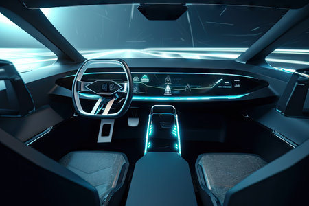 futuristic car interior, with high-tech dashboard and touch screen display, created with generative aiの素材