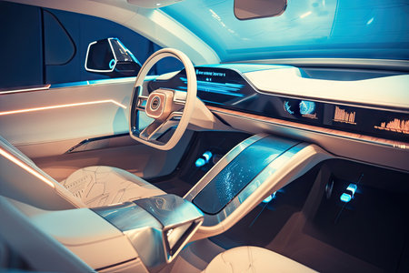futuristic car interior, with high-tech dashboard and touch screen display, created with generative aiの素材