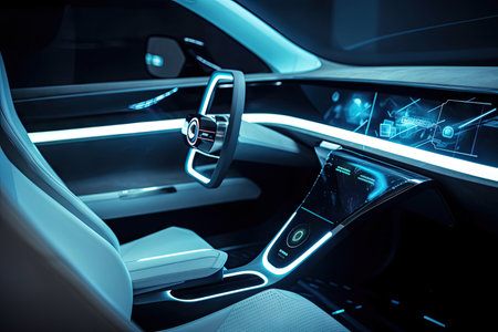 futuristic car interior, with touch screen interfaces and holographic displays, created with generative aiの素材