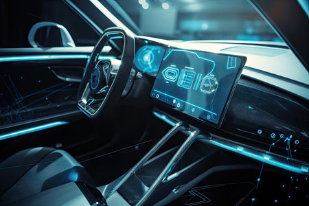 futuristic car interior, with touch screen interfaces and holographic displays, created with generative aiの素材