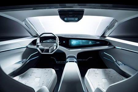 futuristic car interior with sleek and minimalist design, featuring touchscreens and holographic displays, created with generative aiの素材