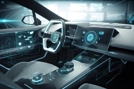 futuristic car interior with holographic touch screen, showing navigation and other information, created with generative aiの素材