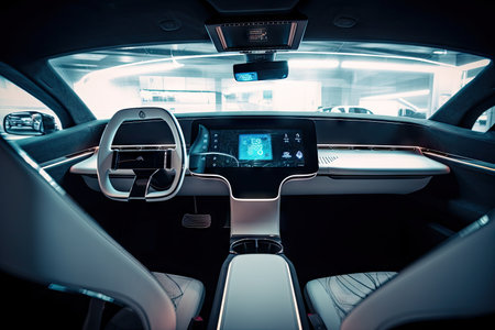 futuristic car interior, with unique dashboard and display screens, created with generative aiの素材