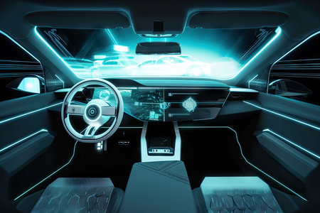 futuristic car interior with touchscreens, hologram display, and integrated ai, created with generative aiの素材