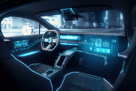 futuristic car interior with touchscreens, hologram display, and integrated ai, created with generative aiの素材