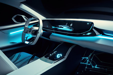 futuristic car interior with sleek dashboard, touch-sensitive controls, and holographic display, created with generative aiの素材