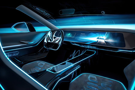 futuristic car interior with holographic display, touch-sensitive controls, and advanced safety features, created with generative aiの素材