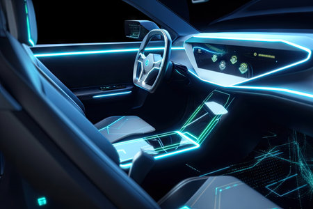 futuristic car interior with holographic display, touch-sensitive controls, and advanced safety features, created with generative aiの素材