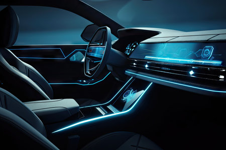 futuristic car interior with holographic display, touch-sensitive controls, and advanced safety features, created with generative aiの素材
