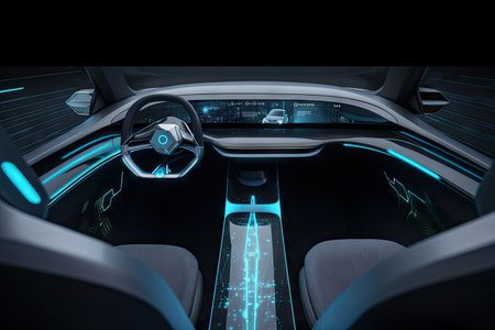 futuristic car with advanced controls and technology, featuring touchscreens and holographic displays, created with generative aiの素材