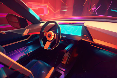 futuristic car interior with colorful, modern design and sleek, futuristic features, created with generative aiの素材