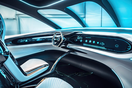 futuristic car interior with colorful, modern design and sleek, futuristic features, created with generative aiの素材