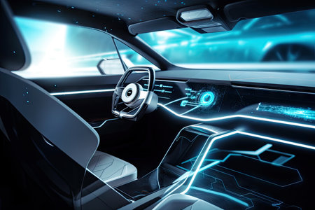 futuristic car interior with touch screen interfaces and holographic displays, created with generative aiの素材