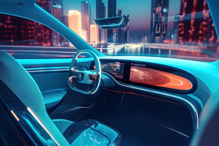 futuristic car, with sleek dashboard and curved touchscreens, drives through futuristic city, created with generative aiの素材
