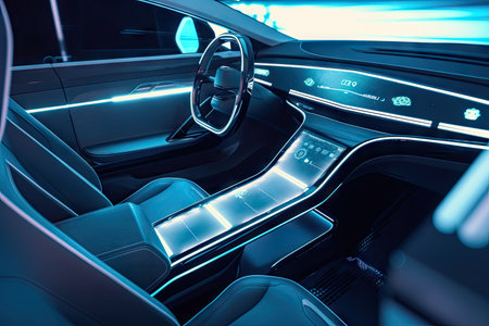 futuristic car interior with sleek and futuristic design elements, such as floating screens and holographic displays, created with generative aiの素材