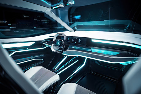 futuristic car interior with sleek and minimalist design, featuring touchscreens and holographic displays, created with generative aiの素材