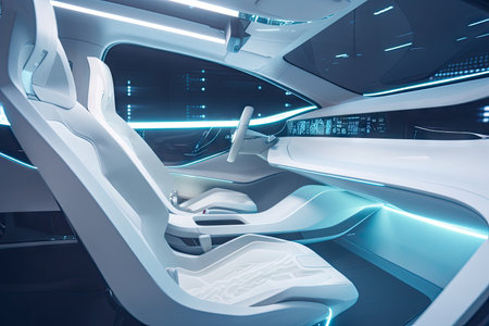 futuristic car interior with sleek and minimalist design, featuring touchscreens and holographic displays, created with generative aiの素材