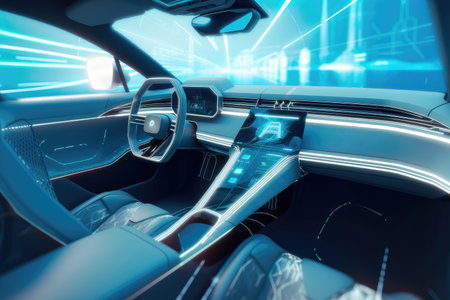 futuristic car interior with advanced control system and virtual reality experience, based on the latest technologies, created with generative aiの素材