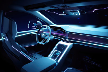 futuristic car interior with holographic display and interactive touchscreens, created with generative aiの素材