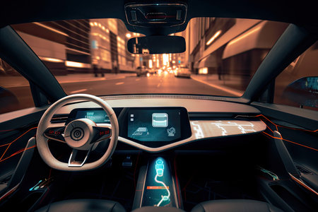 futuristic car interior with augmented reality interface, showing virtual tour of nearby attractions, created with generative aiの素材