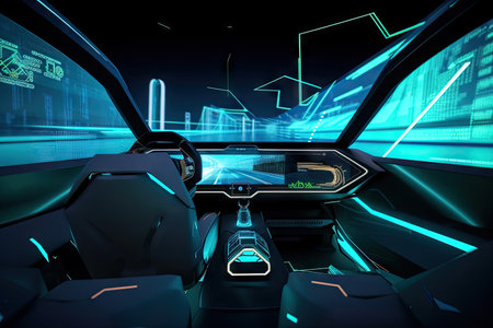 futuristic car interior with augmented reality interface, showing virtual tour of nearby attractions, created with generative aiの素材