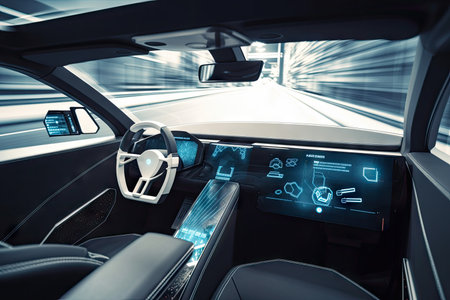 futuristic car interior with augmented reality interface, showing virtual tour of nearby attractions, created with generative aiの素材
