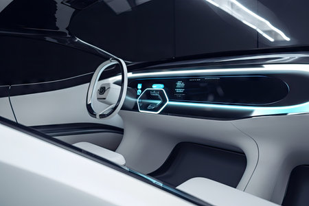 futuristic car with sleek and minimalist design, featuring touch screens and futuristic control panel, created with generative aiの素材