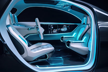 futuristic car interior with transparent doors, allowing view of the exterior environment, created with generative aiの素材