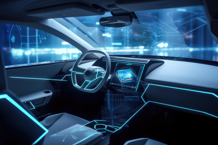 futuristic car interior with advanced augmented reality system, holographic displays and touchscreens, created with generative aiの素材