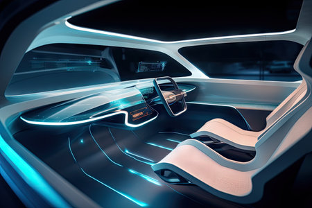 sleek, futuristic car interior with advanced technology and interactive displays, created with generative aiの素材