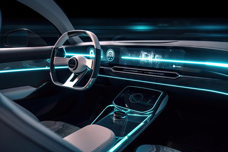 futuristic car interior with holographic dashboard, touch-sensitive buttons, and sleek design, created with generative aiの素材