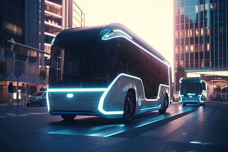 futuristic electric bus on futuristic and busy city street, with tall buildings in the background, created with generative aiの素材