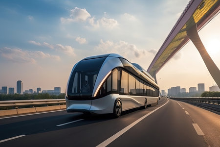 futuristic bus floats above the road, powered by futuristic technology, created with generative aiの素材
