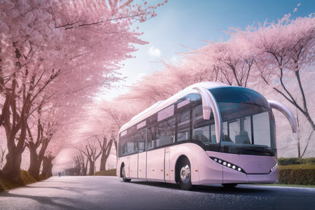 futuristic electric bus and cherry blossom tree in full bloom, created with generative aiの素材