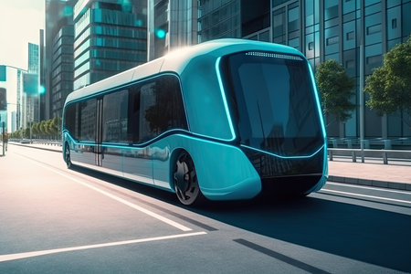futuristic electric bus on sleek, futuristic city street with advanced technology and design, created with generative aiの素材