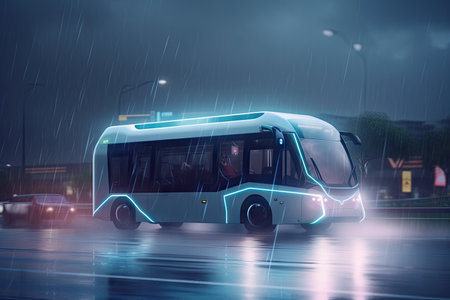 futuristic electric bus cruising the city in the rain, with lightning strikes in the background, created with generative aiの素材