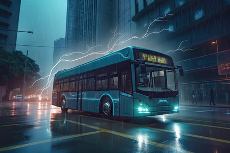 futuristic electric bus cruising the city in the rain, with lightning strikes in the background, created with generative aiの素材