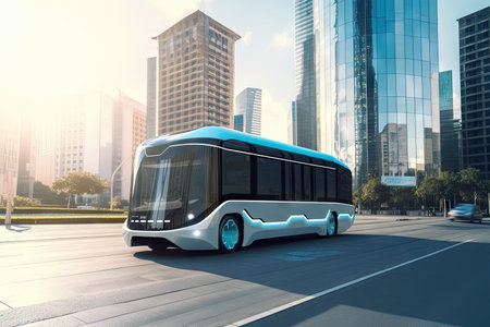 futuristic electric bus making its way through busy urban environment, with skyscrapers and modern architecture in the background, created with generative aiの素材