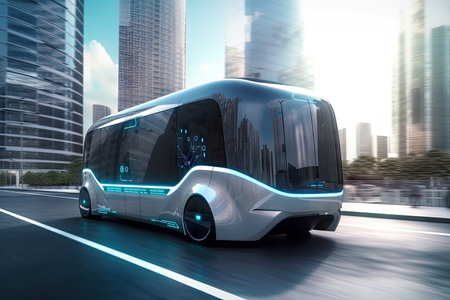 futuristic electric bus gliding through futuristic city, with sleek architecture and advanced technology visible in the background, created with generative aiの素材