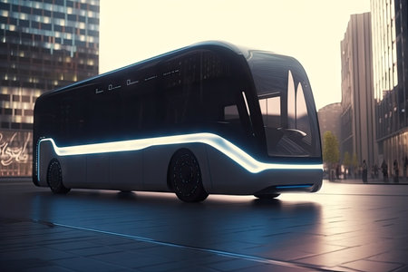 futuristic electric bus with sleek design and advanced technology on futuristic city street, created with generative aiの素材