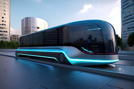 futuristic electric bus with sleek design, floating above the ground, created with generative aiの素材