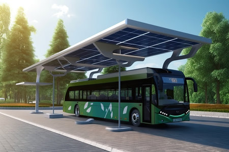 electric bus charging station with futuristic solar panels on the roof, created with generative aiの素材